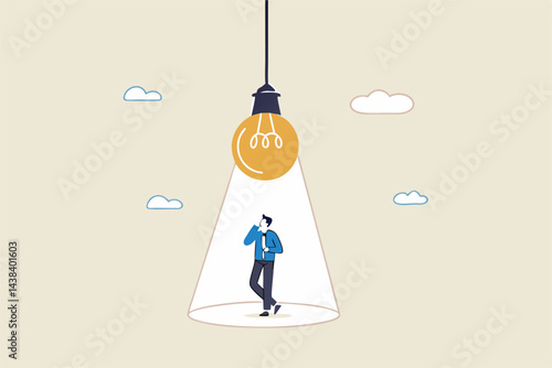 Innovation, creativity or imagination for business success, thinking about idea, solution to solve problem or brainstorm concept, smart businessman thinking under inspired bright light bulb.