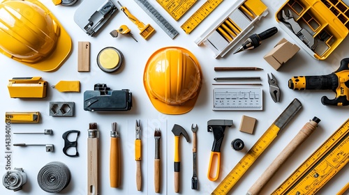 Construction tools arrangement, flat lay, white background, industry supplies