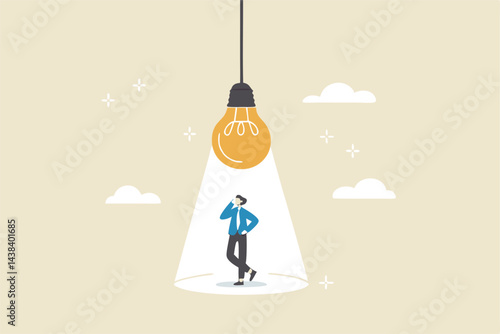 Innovation, creativity or imagination for business success, thinking about idea, solution to solve problem or brainstorm concept, smart businessman thinking under inspired bright light bulb.