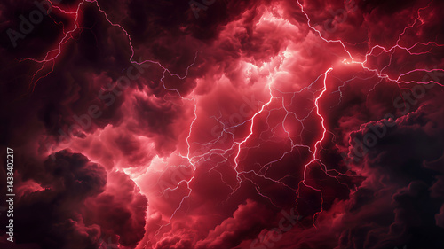 Storm red lightning in the dark night sky. Red thunder clouds lightning effect. Magenta sky lightning background. Red lightning electrical discharge background. Lightning fiery explosion 