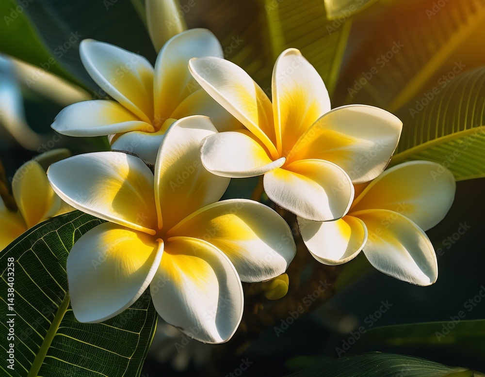 Fototapeta premium detailed view of white and yellow frangipani flowers surrounded by vibrant green leaves basking in natural sunlight and showcasing tropical beauty