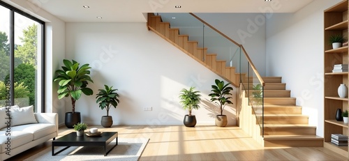 Bright and airy modern home interior with wooden staircase and glass railing. Sunlight streams through a large window, illuminating the living room.
