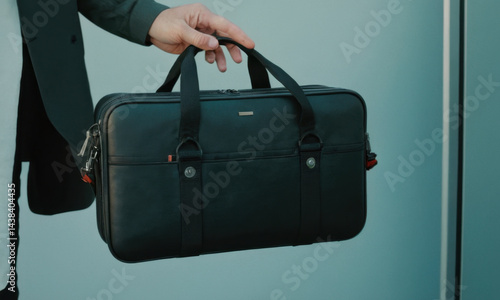 A businessman carries his briefcase and stands confidently