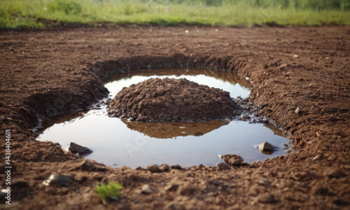 A muddy field with a small puddle of water, perfect for nature or outdoor uses