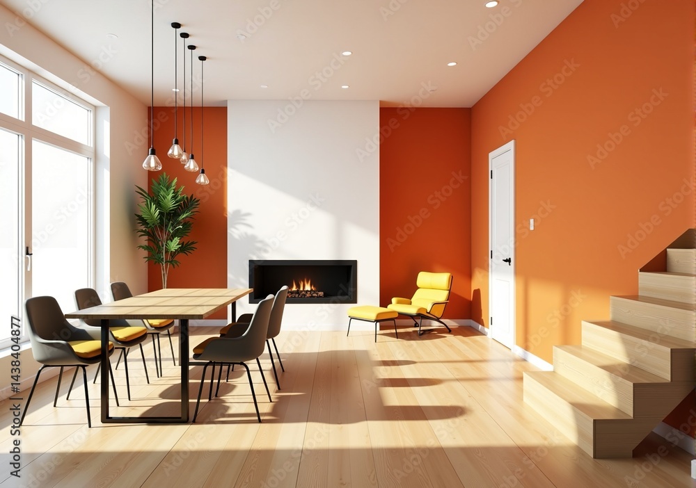 Fototapeta premium Modern living and dining room interior with orange walls, wooden floor, and fireplace.