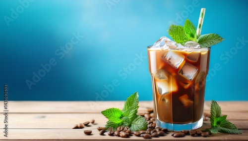 refreshing iced coffee drink with mint leaves and ice cubes on a wooden table against a bright blue background concept of summer relaxation and refreshing beverages