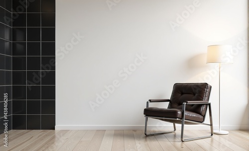 Modern minimalist living room interior with a brown leather armchair and floor lamp against a white wall and black tile accent.