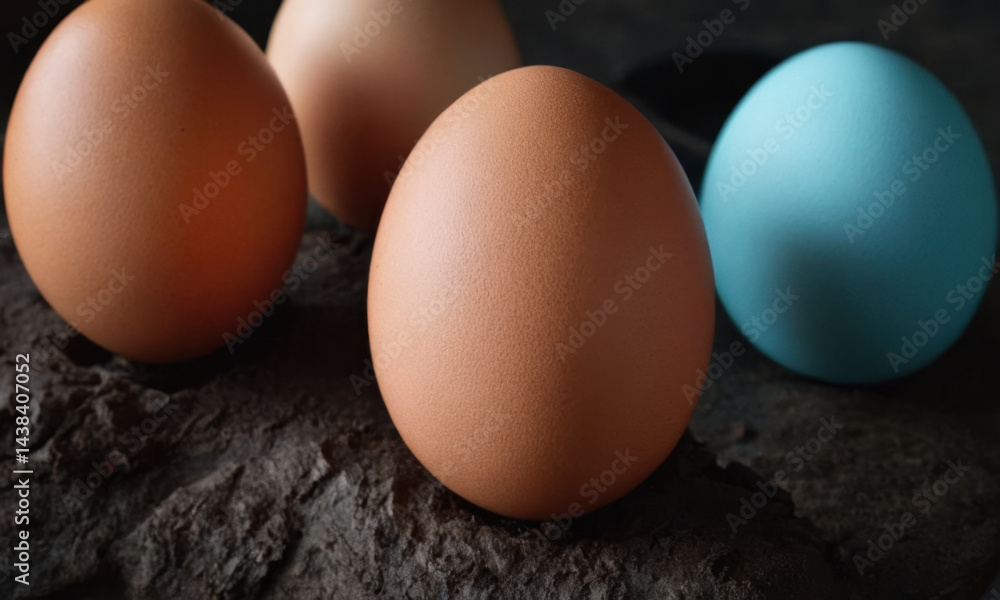 A group of three eggs sitting on top of a rock, possibly in a wilderness or natural setting A group of three eggs sitting on top of a rock, possibly in a wilderness or natural setting