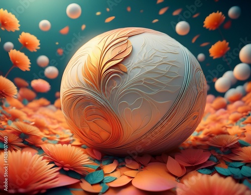a white and orange ball is sitting in a field of flowers the ball is surrounded by a lot of leaves and petals