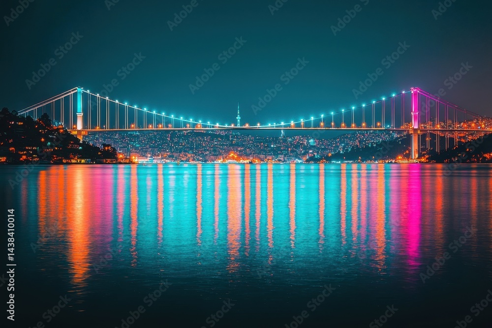 Fototapeta premium Stunning Night View of Illuminated Bridge Over Water in Cityscape