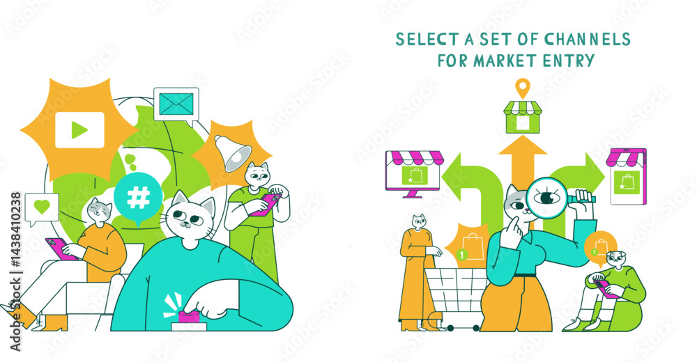 Fototapeta premium Marketing Tools Cat. Flat Vector Illustration