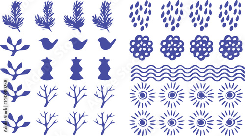 Blue Nature Silhouette Clipart Set: An assortment of blue silhouette nature elements including birds, leaves, branches, flowers, raindrops and suns. perfect for craft projects or digital design.