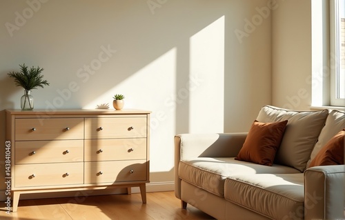 Bright and airy living room interior with beige sofa, wooden dresser, and natural light.