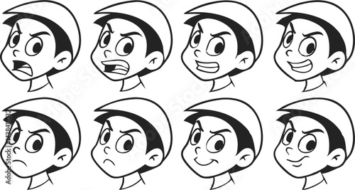Emotions of Youth: A set of cartoon faces, each portraying a distinct emotion from happiness to anger, revealing a spectrum of expressions in black and white.
