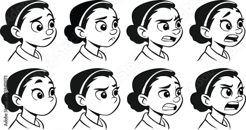 Girl's Facial Expressions: A set of eight distinct cartoon drawings showcasing a diverse range of a young girl's emotions, from sadness to anger.  Perfect for animation, storyboarding.