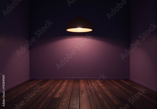 Empty room with purple walls, dark wood floor, and a single overhead light. Minimalist interior design.
