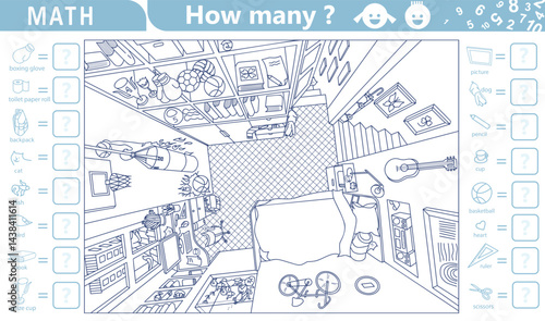 Find, count and color hidden objects in the picture. Interior of teenager’s room from above with furniture and home objects. Cozy children room. Linear sketch vector illustration