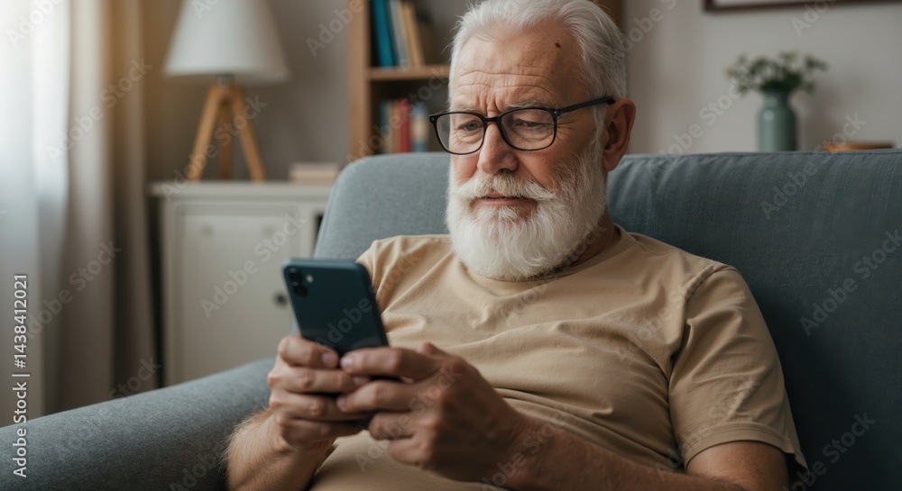 Elderly man using smartphone while sitting on couch in cozy living room Elderly man using smartphone while sitting on couch in cozy living room