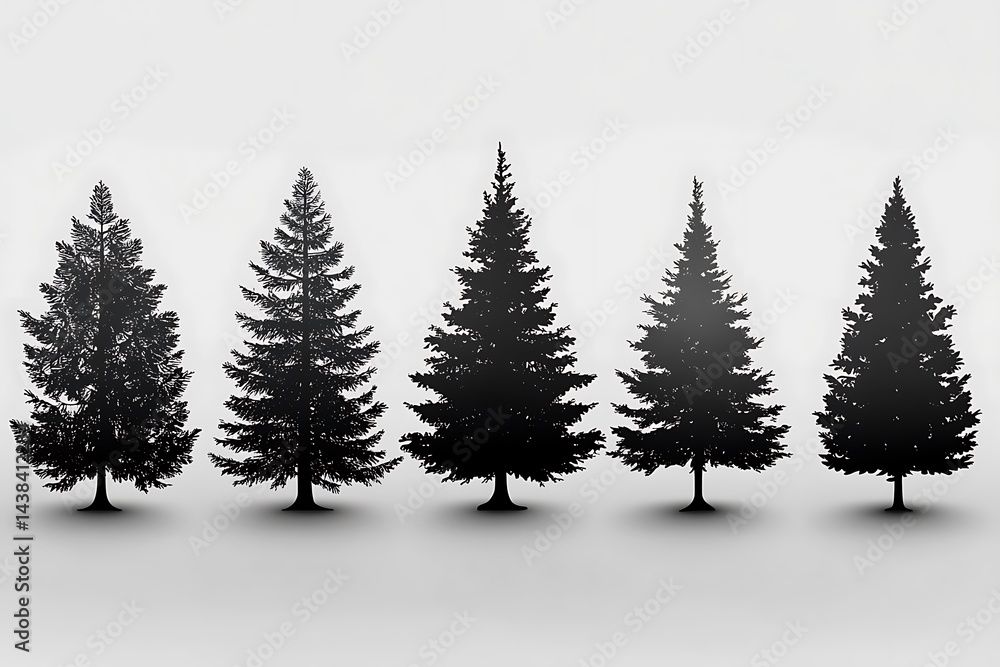 Obraz premium Group of evergreen tree silhouettes on a white background for design