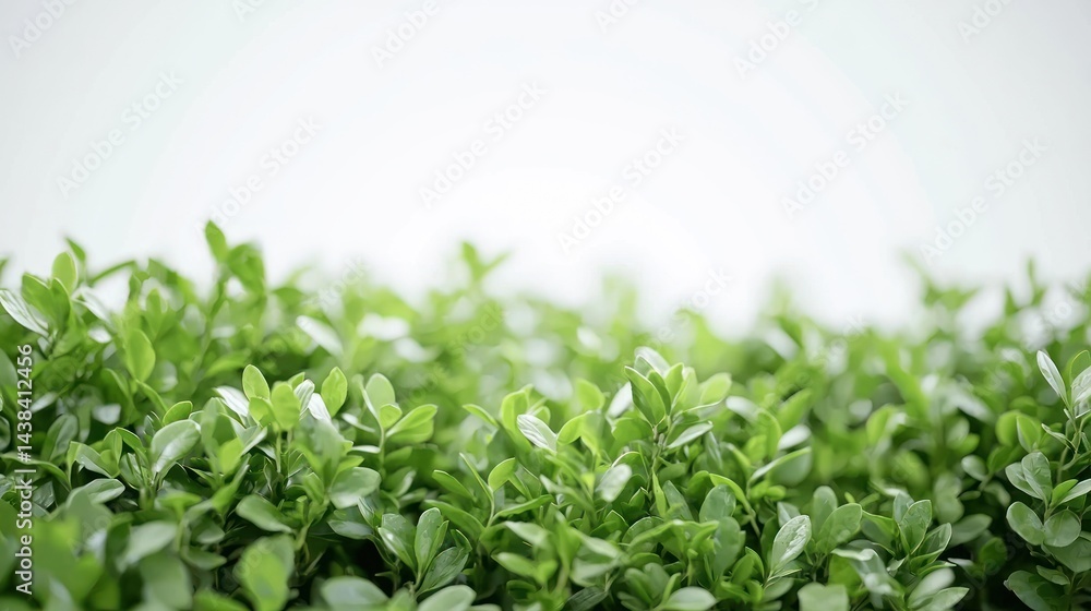 Dense green garden bushes with fine-textured leaves and small flowers on a white background. Dense green garden bushes with fine-textured leaves and small flowers on a white background.
