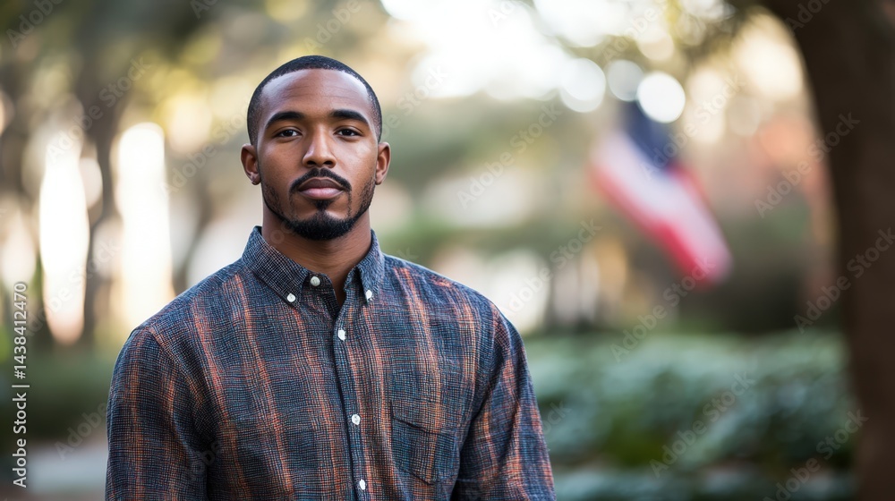 Fototapeta premium Confident Man Portrait Outdoors. Black Man in Casual Shirt, American Flag Backdrop