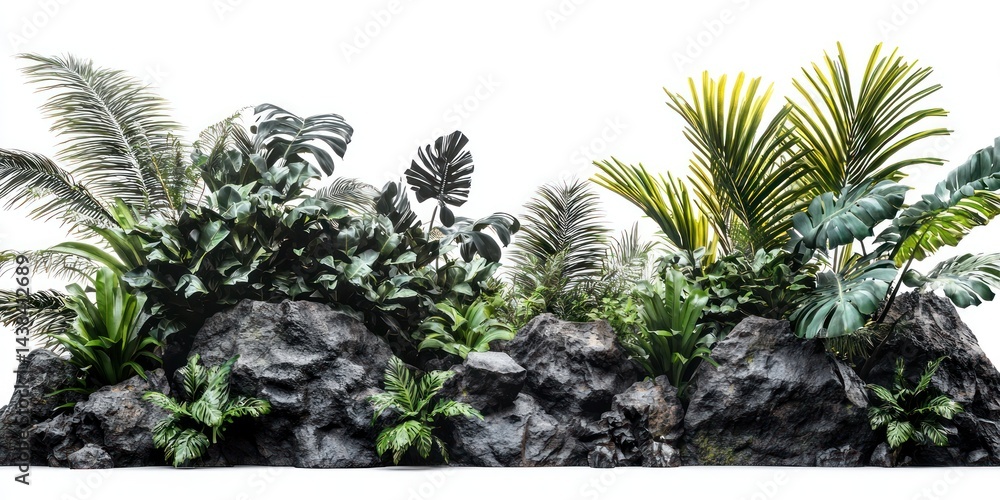 Dense tropical plants around dark volcanic rocks on white background. Dense tropical plants around dark volcanic rocks on white background.