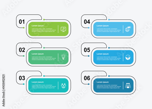 6 step infographic template. 6 information board neatly arranged suitable for business information and web presentation.