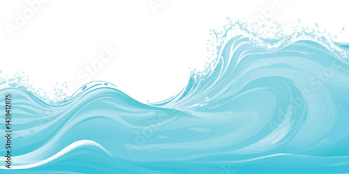 Abstract watercolor ocean waves in soft blue and white hues, blending fluid layers of tropical waves to create a serene yet dynamic wave texture with a cartoon-inspired tsunami effect.
