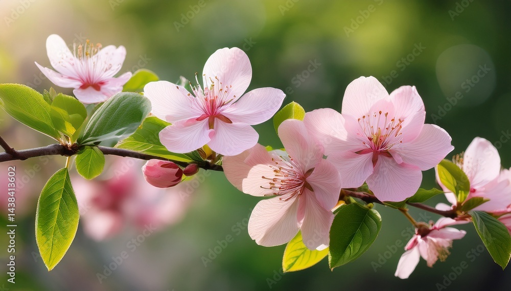Obraz premium delicate pink flowers with green leaves on a branch in nature