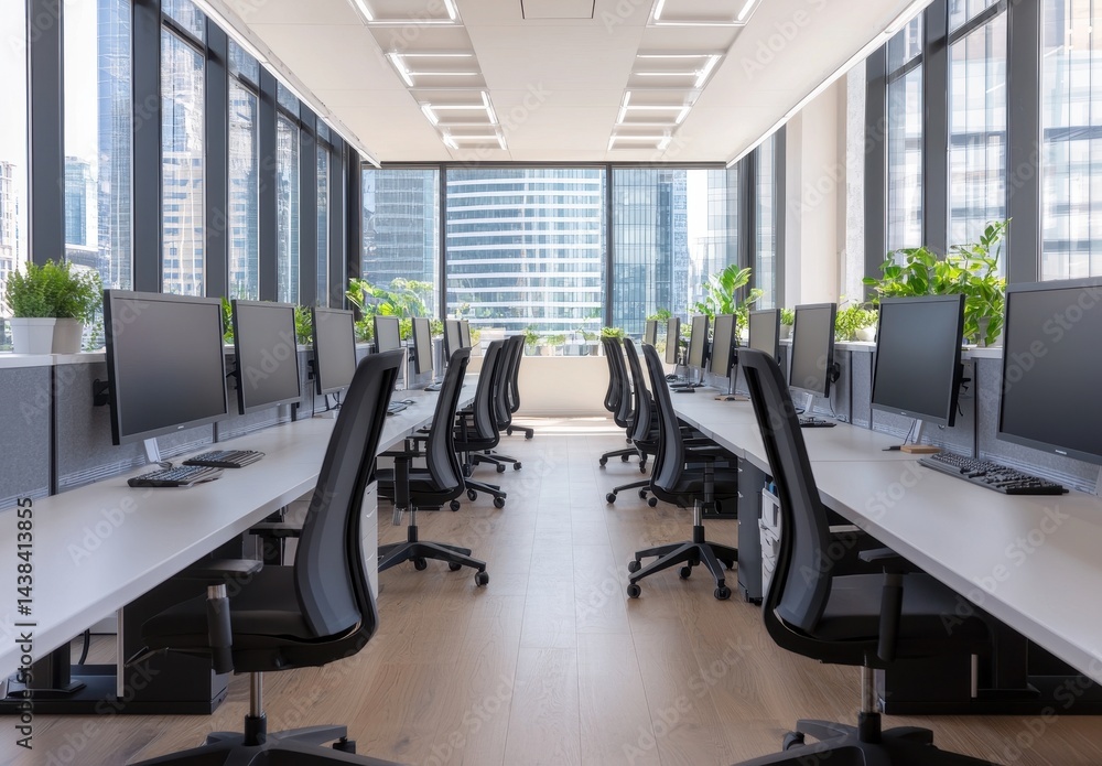 Modern Office Space with Desks and Computer Monitors in Cityscape Modern Office Space with Desks and Computer Monitors in Cityscape
