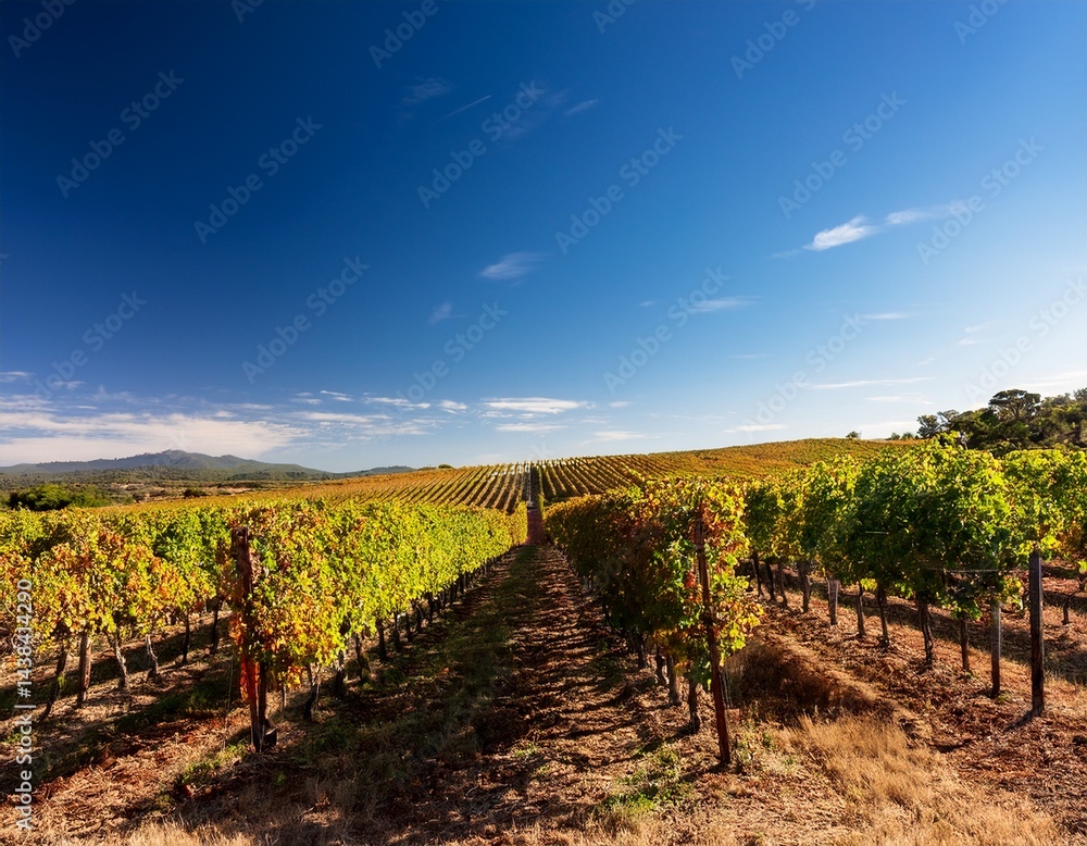 Fototapeta premium clear sunny skies over a sprawling vineyard during harvest season