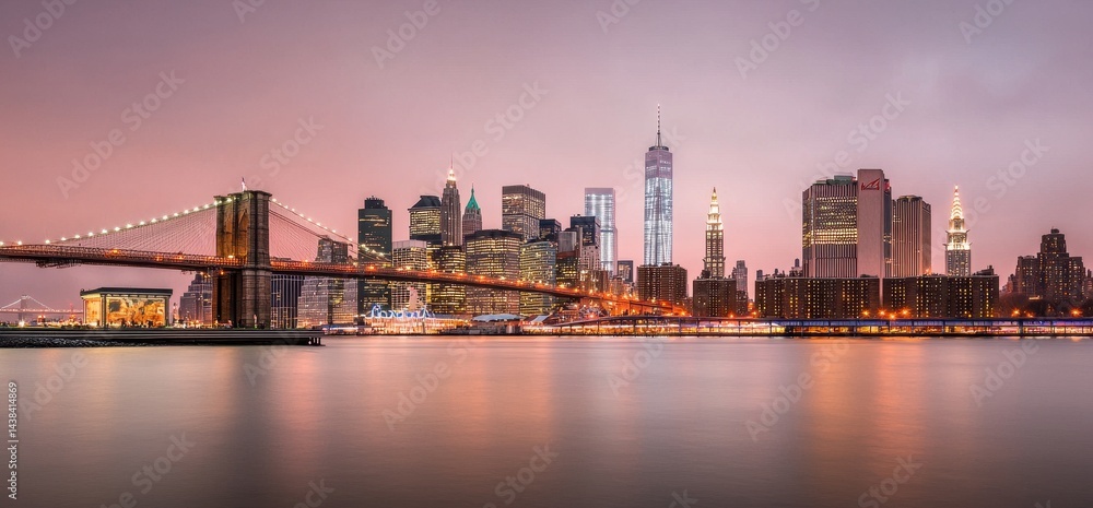 Fototapeta premium Stunning Sunset Over New York City Skyline with Brooklyn Bridge