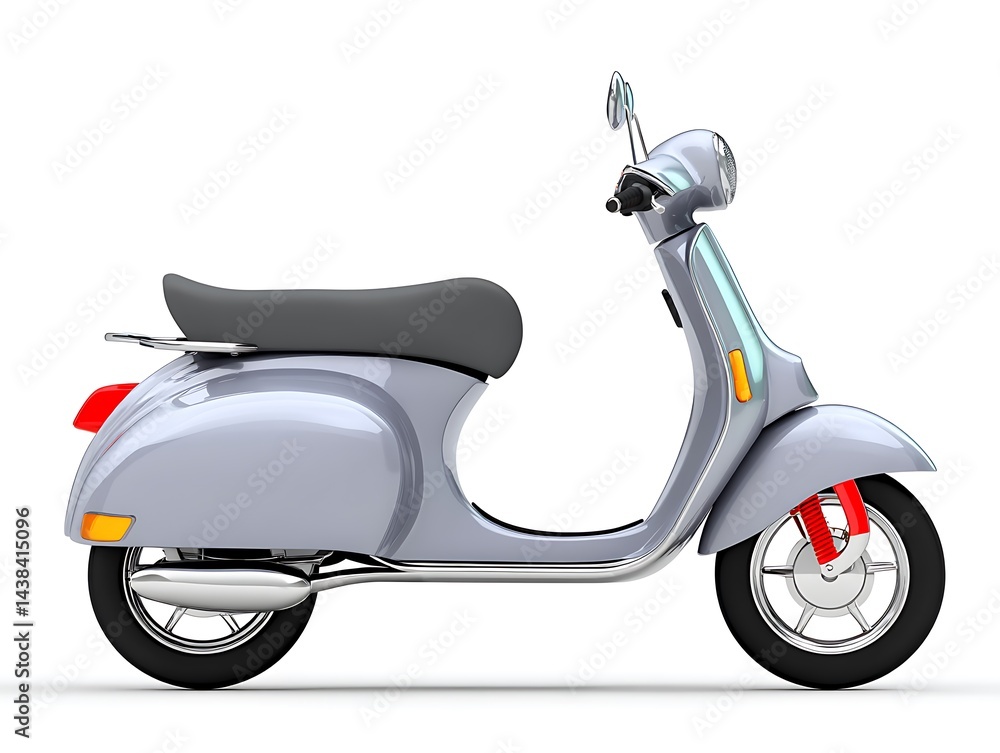 Obraz premium Sleek, light-grey vintage scooter, side profile view, isolated on white