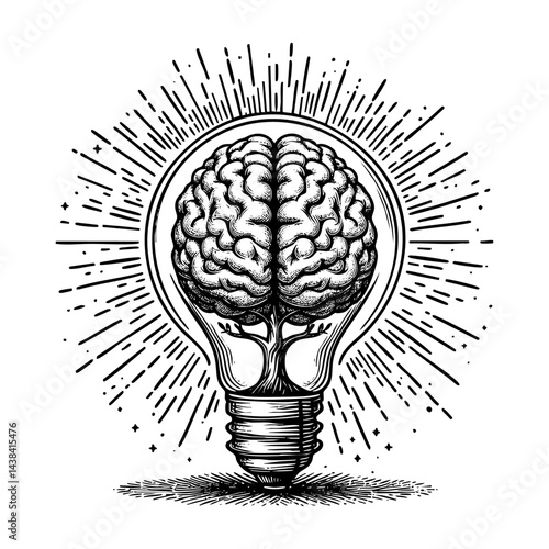 brain inside bulb lamp sketch engraving black and white outline. Scratch board imitation.