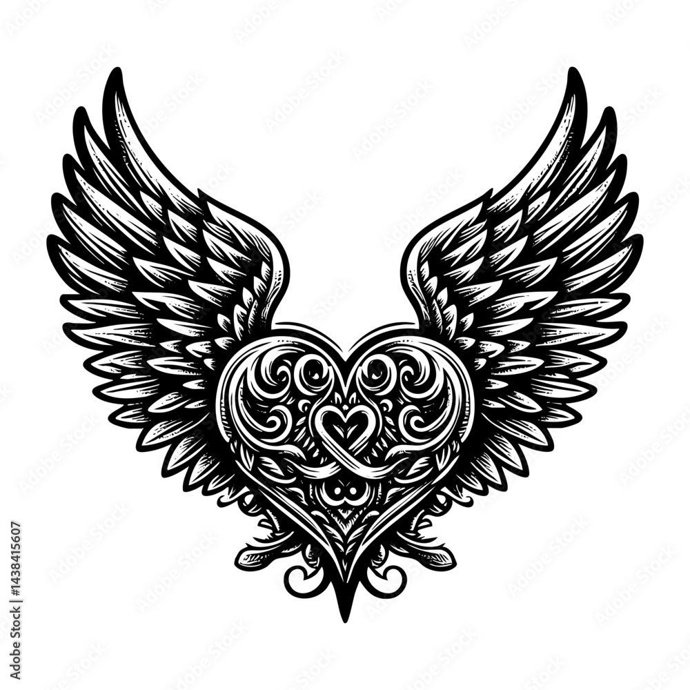 Fototapeta premium Heart shape with wing sketch engraving black and white outline. Scratch board imitation. illustrated in vintage line art style on a white background.