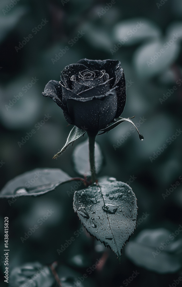 Obraz premium Enigmatic Black Rose with Dew Drops
