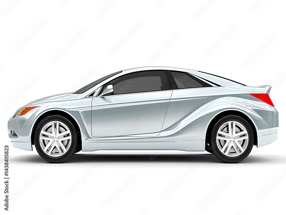Sleek silver coupe, futuristic design, side profile view on white background Sleek silver coupe, futuristic design, side profile view on white background