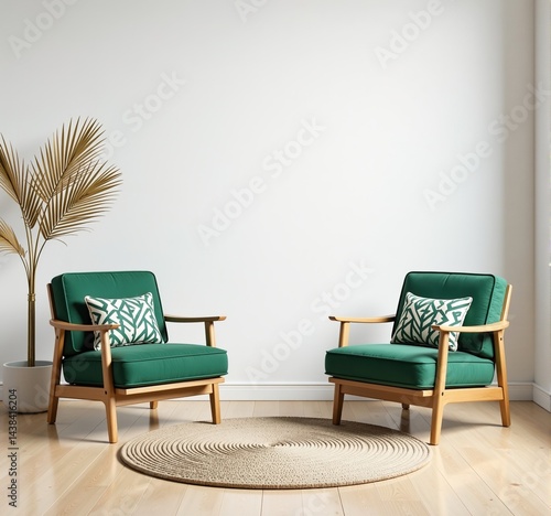 Two emerald green armchairs with cushions sit on a jute rug in a bright, minimalist living room. Perfect for home decor, interior design, and furniture websites.