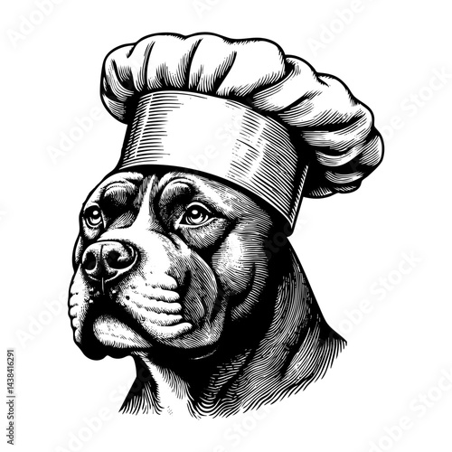 Pitbull dog wear Chef hat sketch  engraving black and white outline. Scratch board imitation.  illustrated in vintage line art style on a white background.