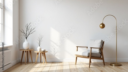 Minimalist living room interior with wooden chair, side tables and floor lamp. Sunlight streaming through the window.