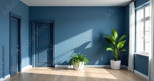 Bright and airy minimalist room interior with blue walls, hardwood floors, and potted plants. Ideal for showcasing home decor or real estate.