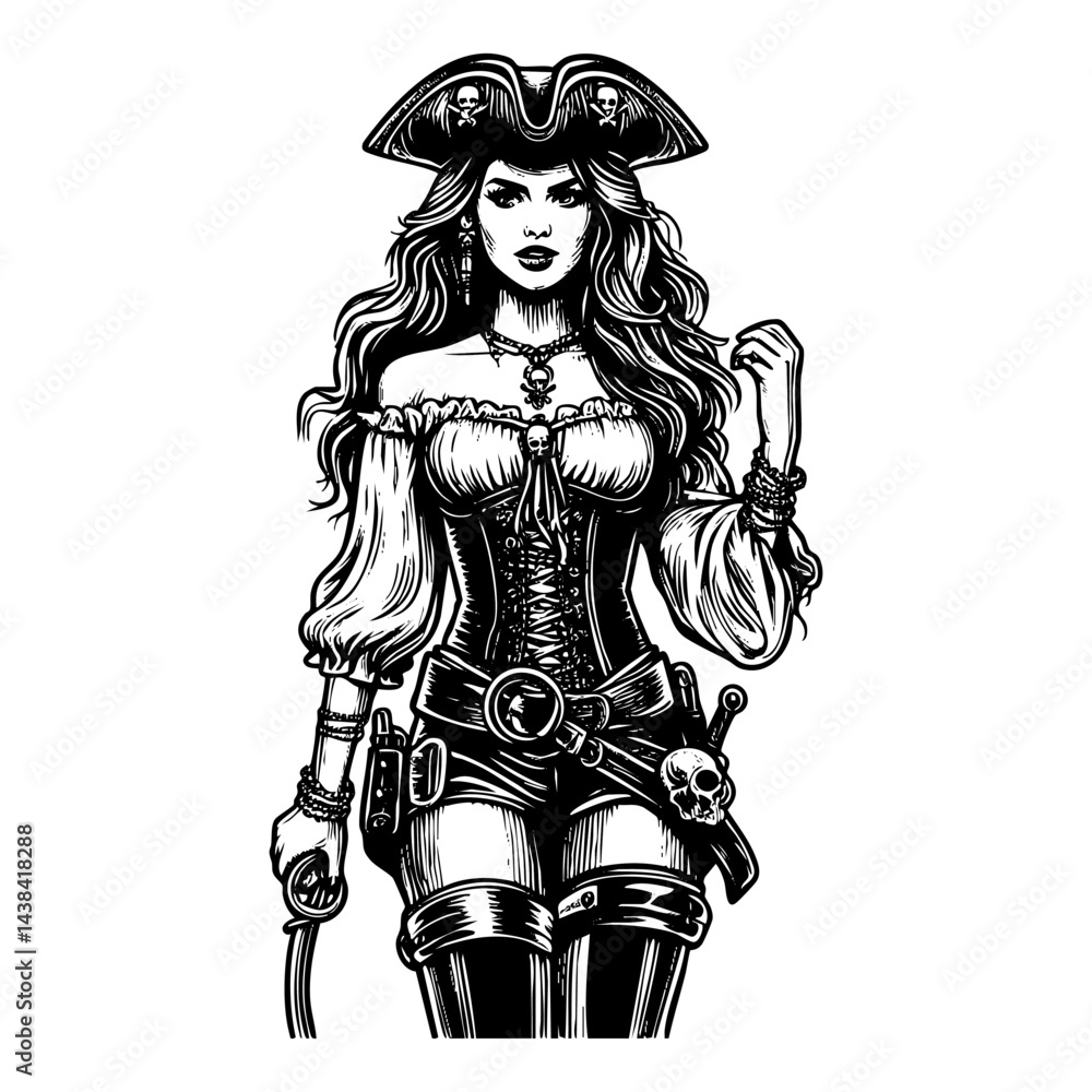 Fototapeta premium Pirate woman sketch engraving black and white outline. Scratch board imitation. illustrated in vintage line art style on a white background.