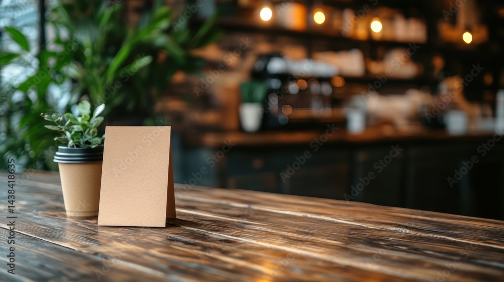 Cafe menu mockup standing on a rustic counter with blurred background Cafe menu mockup standing on a rustic counter with blurred background