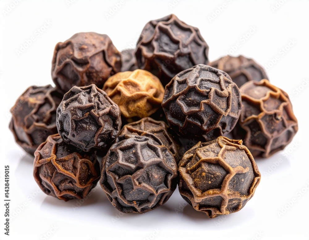 Cluster of dried black peppercorns with wrinkled surface , essential spice for cooking and seasoning, isolated on white Cluster of dried black peppercorns with wrinkled surface , essential spice for cooking and seasoning, isolated on white