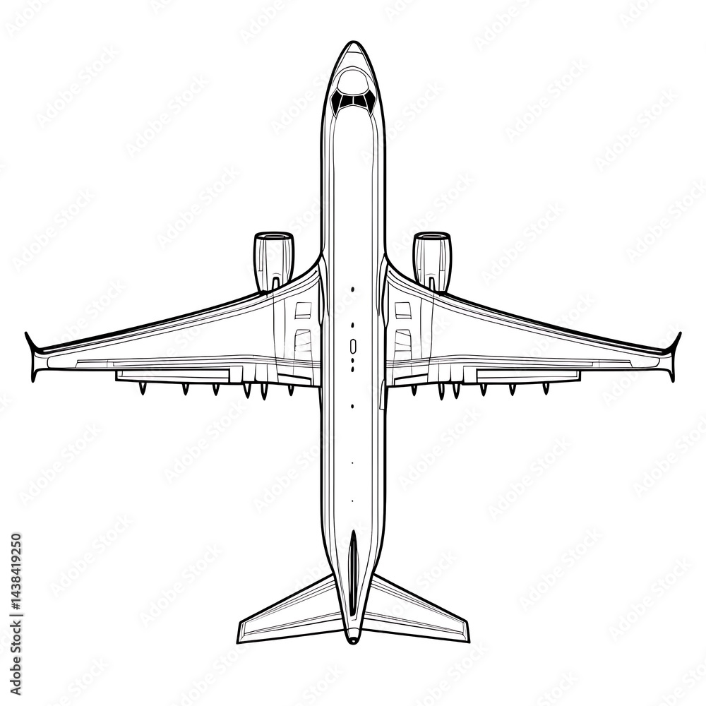 Detailed Aerial View Outline of Modern Airplane Illustration for Aviation Enthusiasts and Technical Drawings.