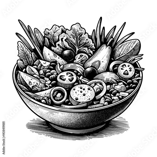 a bowl of salad engraving sketch engraving black and white outline. Scratch board imitation.  illustrated in vintage line art style on a white background.