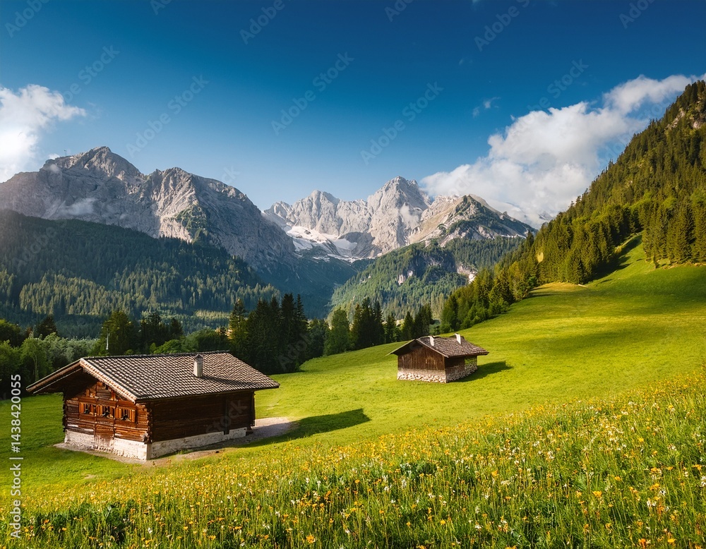Obraz premium idyllic landscape in the alps with mountain chalet and green meadows