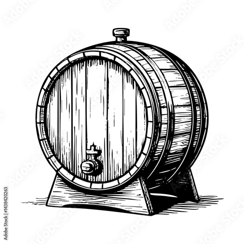 wooden barrel sketch engraving black and white outline. Scratch board imitation.
