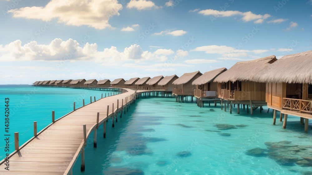A wooden boardwalk extends through turquoise water, A wooden boardwalk extends through turquoise water,