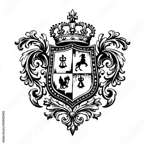 Heraldic emblem sketch engraving black and white outline. Scratch board imitation.  illustrated in vintage line art style on a white background.